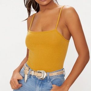 Mustard Ribbed Square Neck Thong Bodysuit